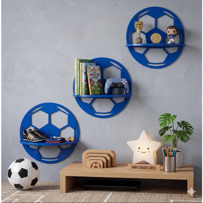 Kit 3 Nichos Redondos Bola De Futebol MDF Decoração Quarto Infantil Bebê Menino Prateleira Organizadora
