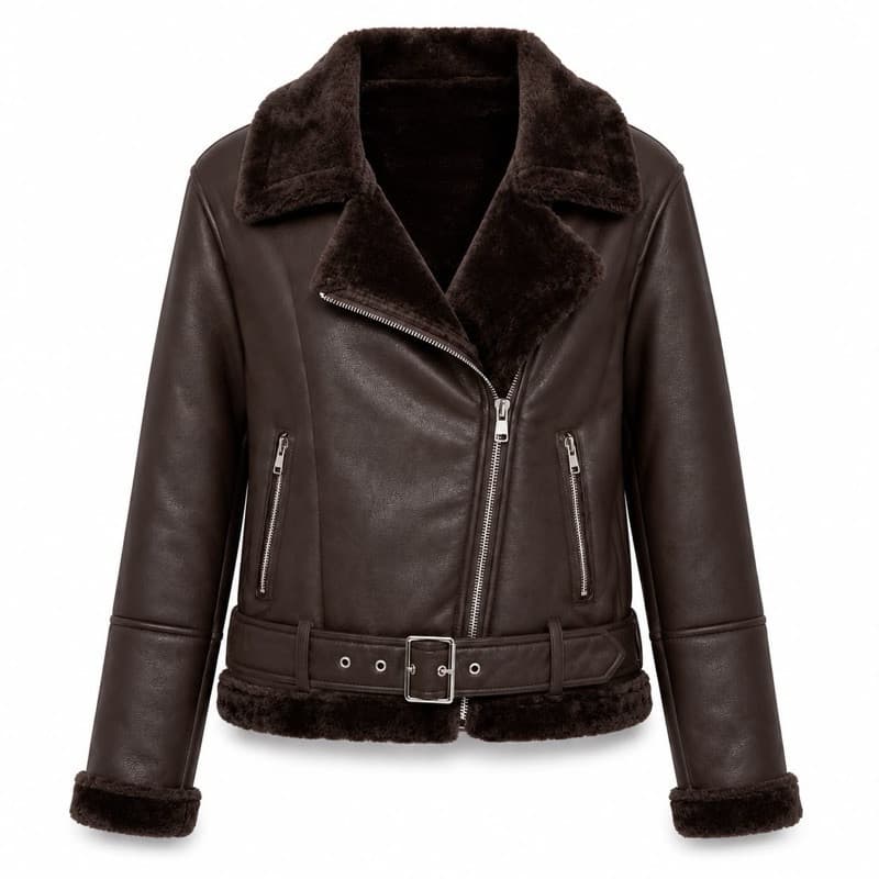 Jaqueta Feminina Biker Courino Premium com Pelinhos e Cinto Marrom Inverno