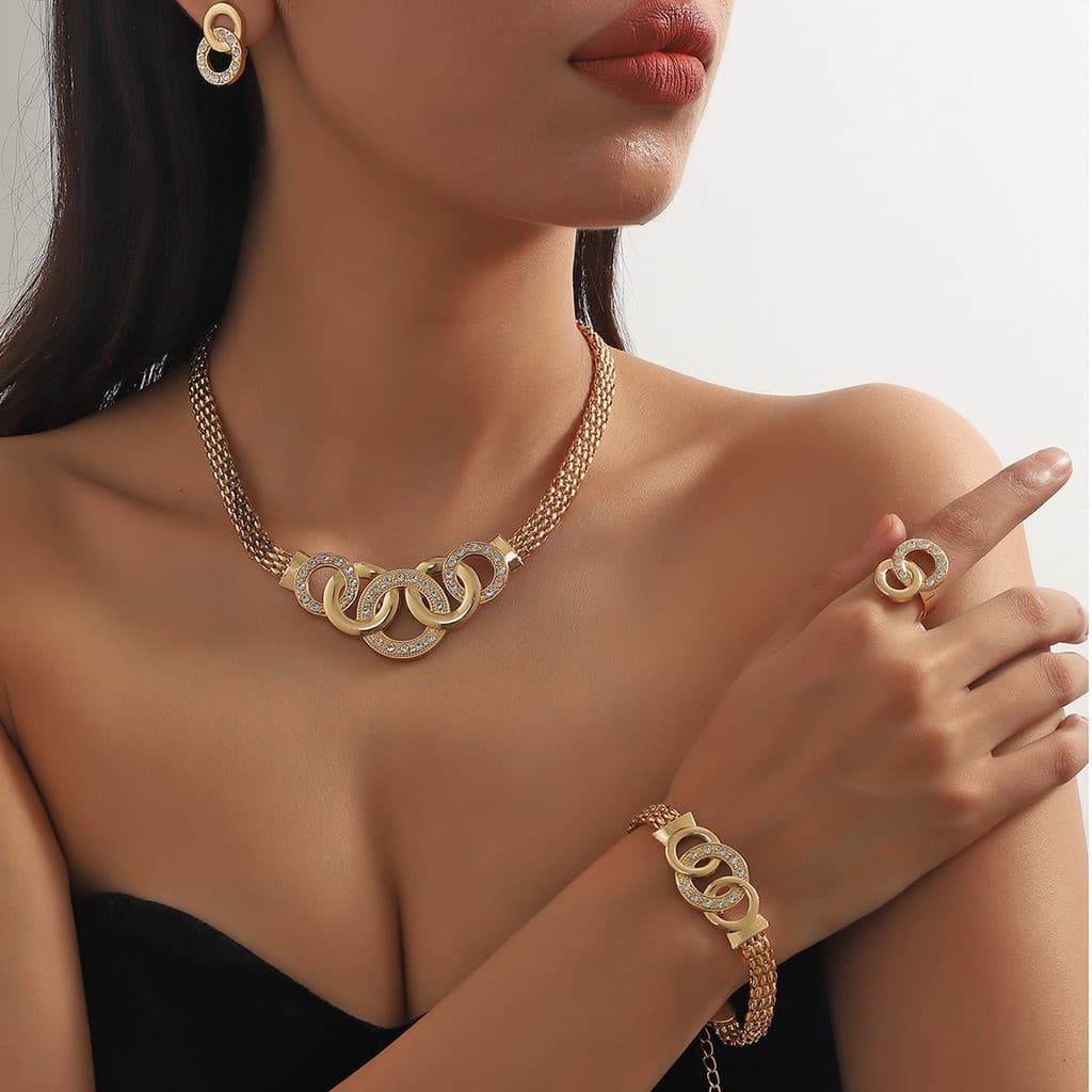 Conjunto requintado de cinco peças joias da moda, terno feminino lindo strass cruz anel colar brincos pulseira anel conj