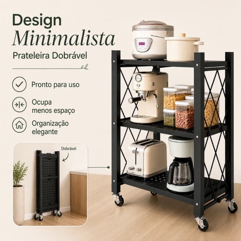Estante Dobrável Organizador de Cozinha Sem Montagem, Prateleira Metálica Reforçada Alta Carga Estável Com Rodízios