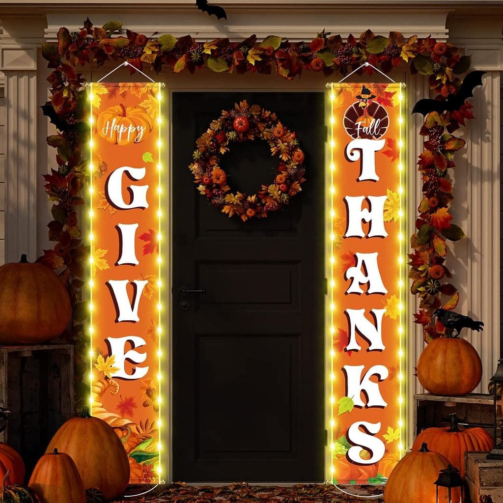 Give Thanks Hanging Banner Porch Sign with LED String Light Fall Pumpkin Maple Leaf Thanksgiving Banner Give Thanks Outd