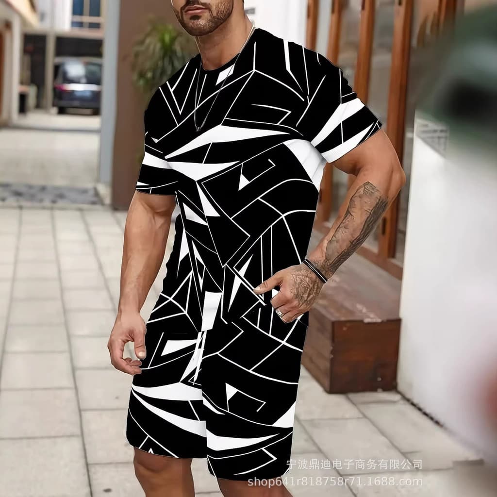 Conjunto Masculino de Moda com Camiseta de Gola Redonda, Manga Curta, Estampada e Calças Curtas 3D