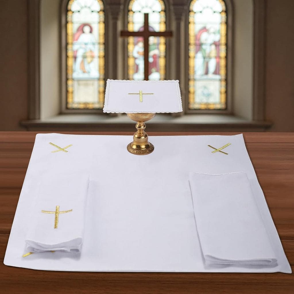 4 Peças de Conjunto de Artigos de Altar em Linho para Igrejas (Pala, Corporal, Purificador, Toalha) Pano de Altar em Lin