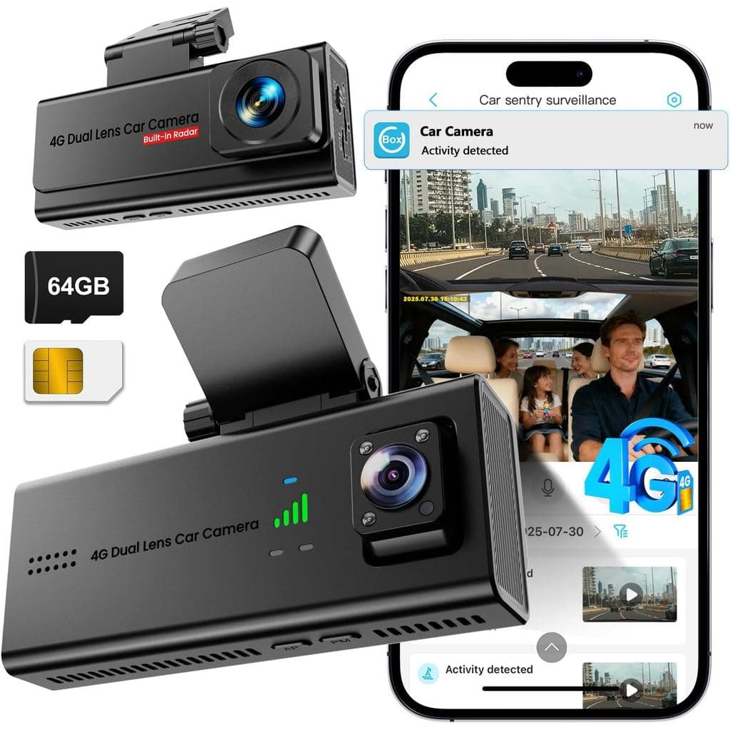 Câmera Veicular 4G LTE com Cartão SIM, Câmera de Segurança para Carro com Transmissão ao Vivo Frontal e Interna, Modo de