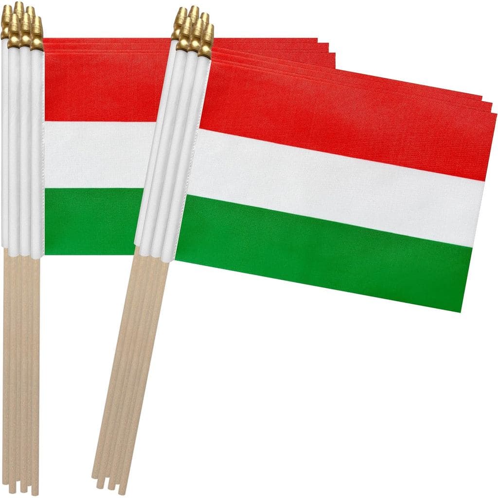 Bandeiras de mão pequenas e miniatura da Hungria TSMD, 5x8 polegadas, pacote com 12 unidades.