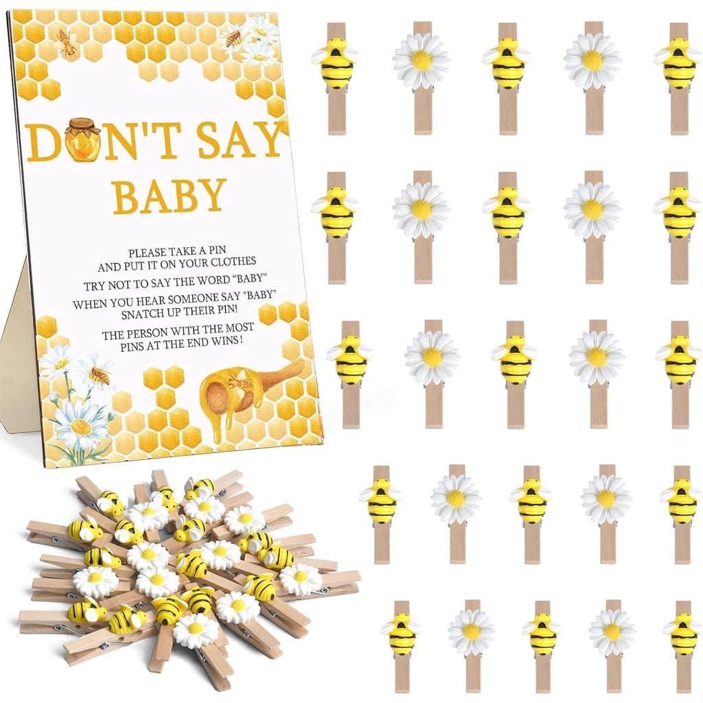 Jogo de Chá de Bebê "Bee Don't Say Baby", 26 Peças de Jogo de Prendedores de Roupa com Tema de Abelha para Chá de Bebê,