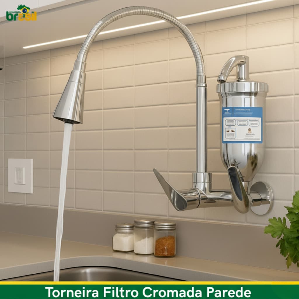 Torneira Gourmet Filtro Carvao Ativado Cozinha Parede Inox Cone Flexivel 2 Jatos Carvão Ativado