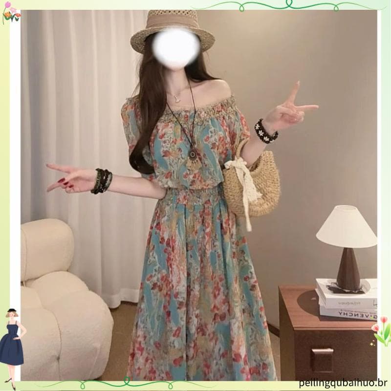 Temperamento francês Floral uma linha High-End 2026 vestido mais magro olhar cintura estreita novo estilo férias verão v