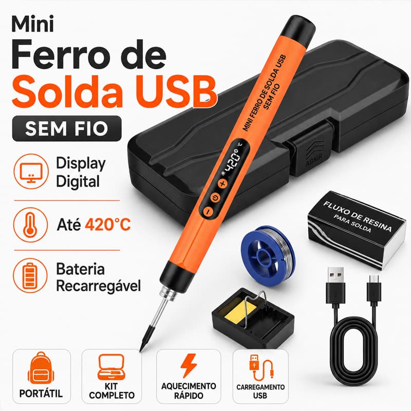 Mini Ferro de Solda Portátil USB sem Fio com Display Digital Bateria Recarregável Ajustável até 420°C