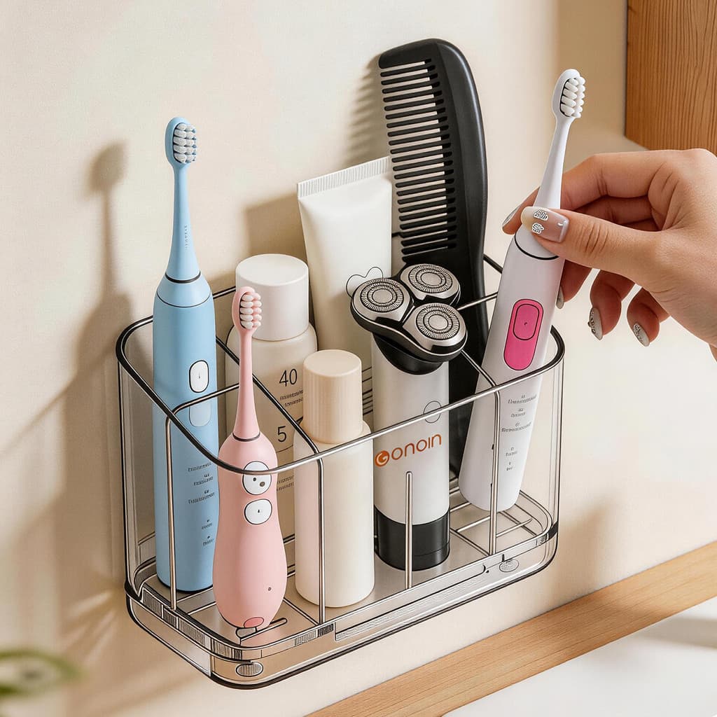 Lavatório de banheiro montado na parede sem perfuração, pente, pasta de dente, caixa de armazenamento de produtos para c