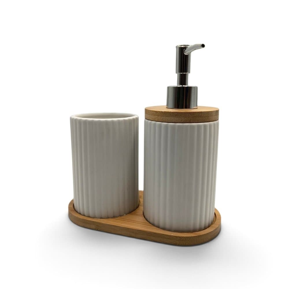 Kit Banheiro 3 Peças Clink Cerâmica e Bambu Dispenser 400ml Porta Escova e Bandeja Preto ou Branco