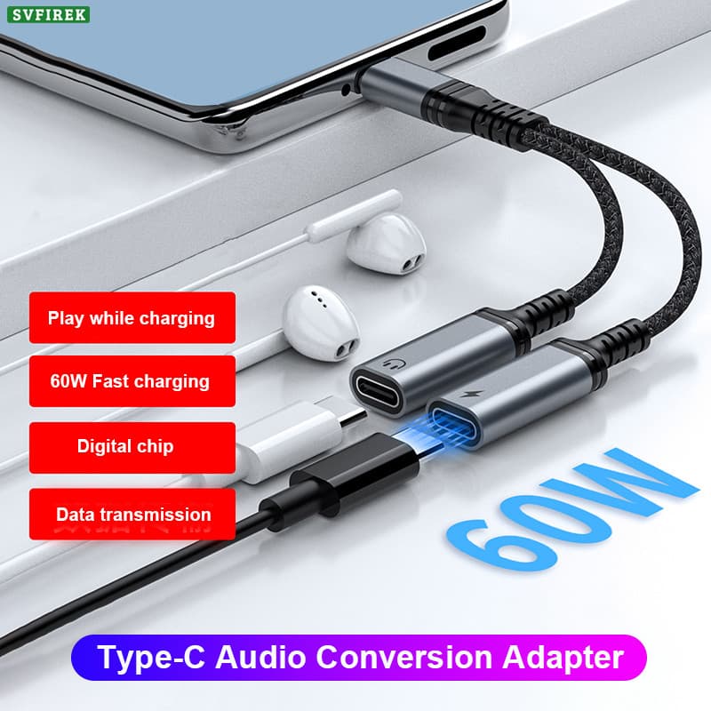 USB C Para 3.5mm Áudio Jack Divisor Conversor Digital Fio Trançado 60W PD QC Adaptador De Carregamento Som Sem Perdas Sm