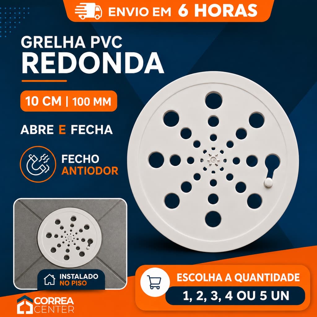 Ralo Tampa Grelha PVC Redondo Redonda 95mm 10cm Fecho Rotativo Antiodor Banheiro Box Cozinha Piso