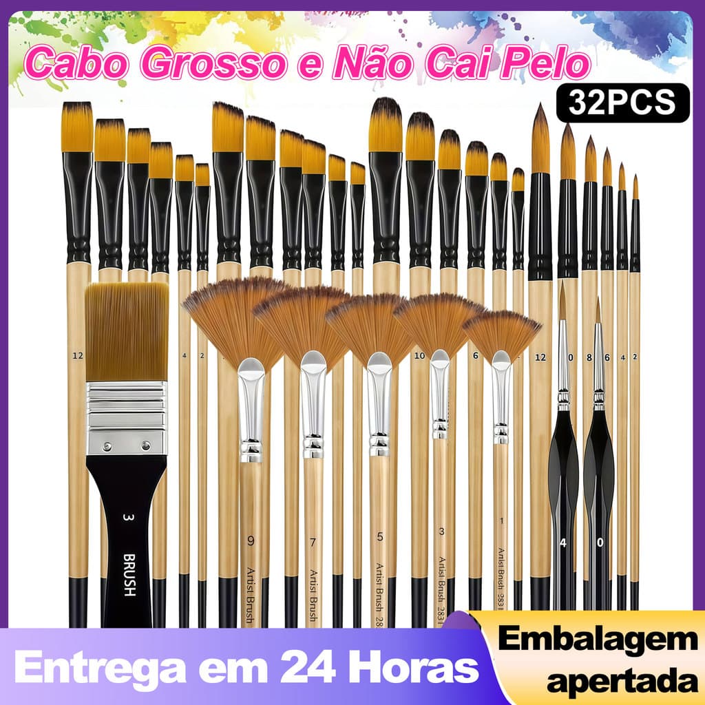 Kit 32 Pincéis Pintura Artística Cerdas Nylon Para Tela Acrílica Óleo Aquarela Estudantes Artistas