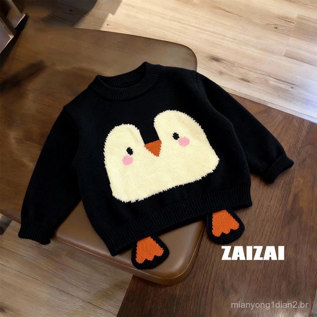 Crianças camisola novo estilo outono inverno bebê bonito pinguim engrossado camisola meninos meninas quente topo na moda