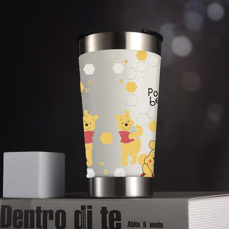 Copo termico abridor de garrafa e tampa de garrafa copo inox 473ml ursinho pooh fofo alta qualidade