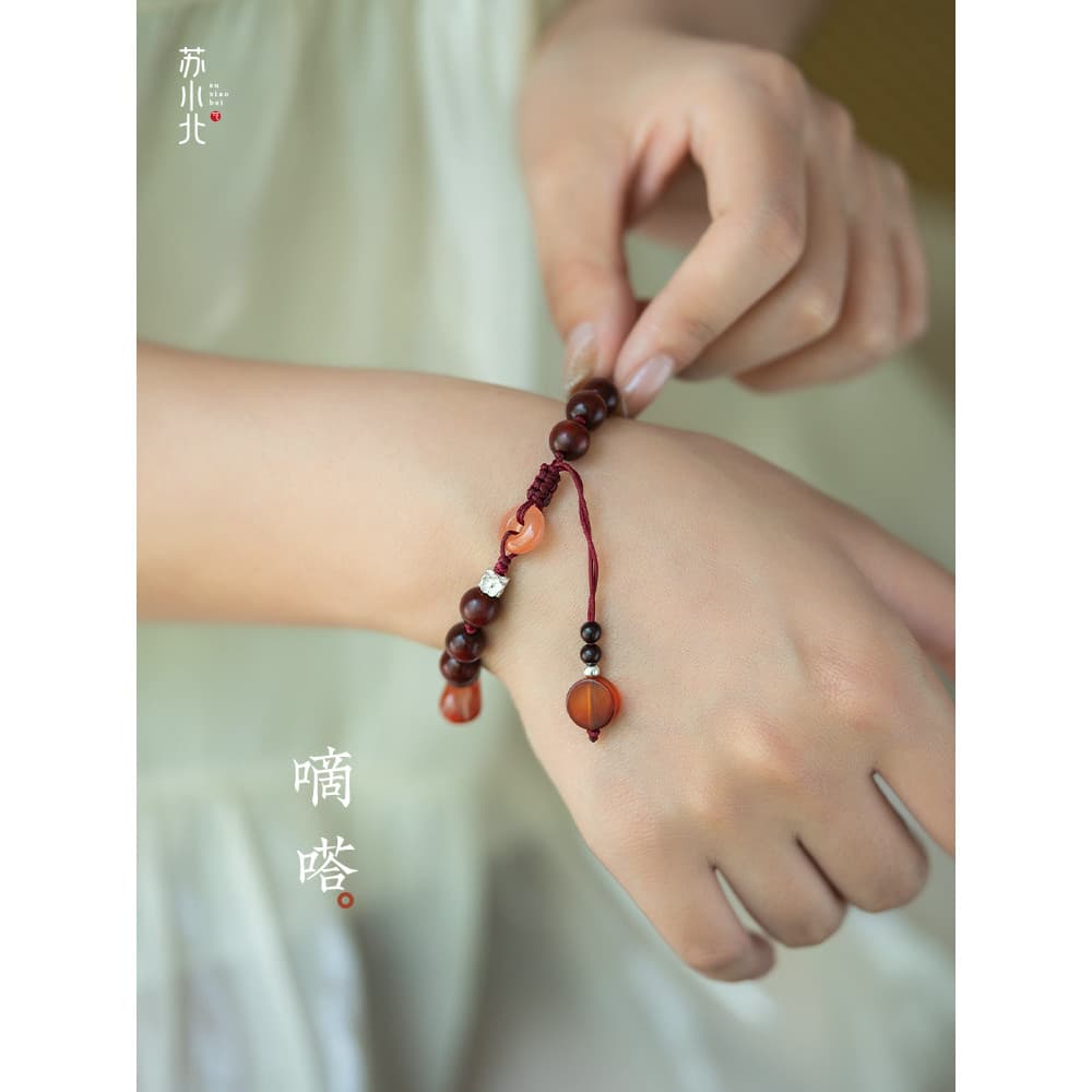 Su Xiaobei [Di Da] Pulseira autêntica de folha pequena de sândalo vermelho com contas pulseira Original feminina present