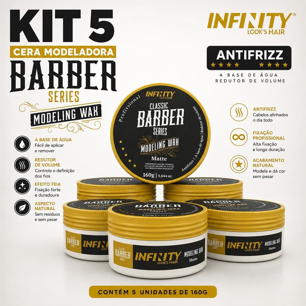 Kit 5 Pomadas Modeladoras Infinity Barber Efeito Matte Mega Fixação 160g - Envio em 24 Horas