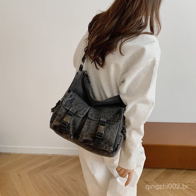 Bolsa Transversal Feminina Casual Retrô Moderna para o Dia a Dia, Bolsa de Ombro de Grande Capacidade em Jeans, Mochila
