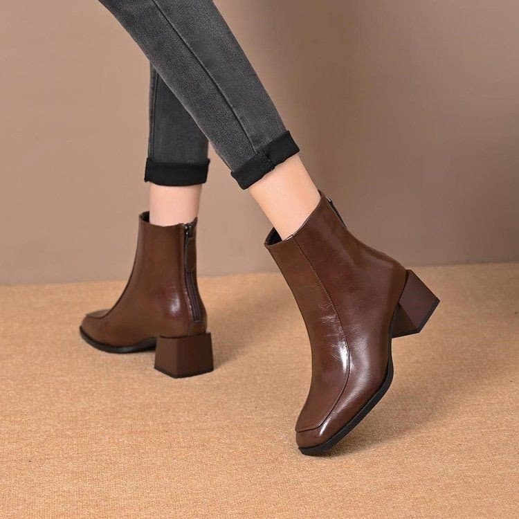 Botas Femininas de Bico Quadrado, Botas Curtas Brilhantes com Zíper Traseiro, Botas Casuais de Salto Grosso, Tamanhos 35