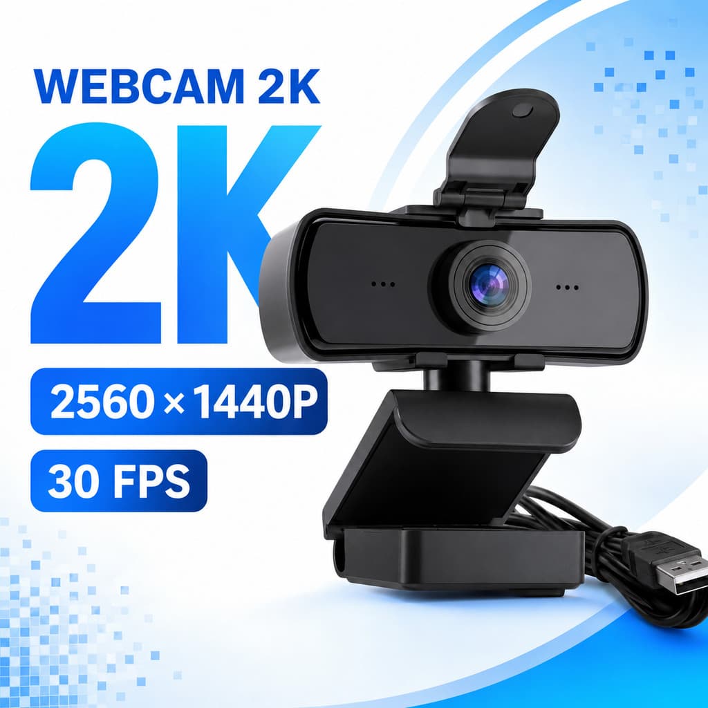 Webcam 2K QHD 2560x1440P 30FPS para PC com Microfone Integrado, USB 2.0, Tripé e Clipe KA-S032