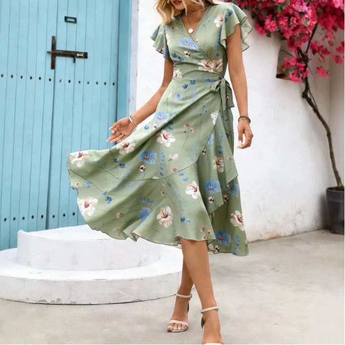 Vestido estampado de manga curta com babados Plus Size com decote em V saia de bainha grande