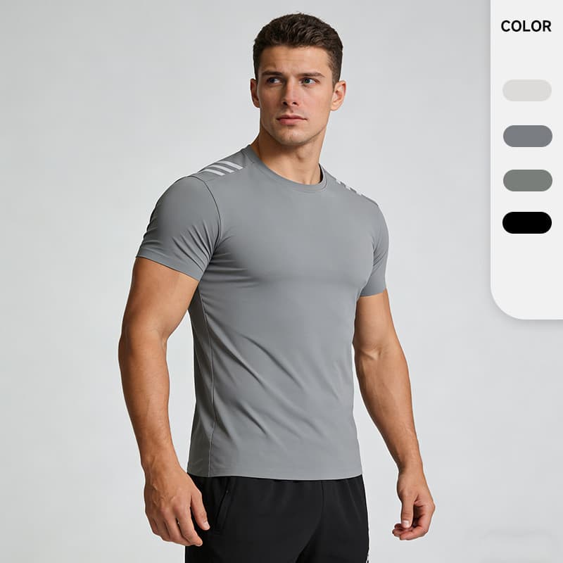 Camiseta masculina de Fitness, roupas de cor sólida, treinamento de corrida, gola redonda, manga curta, esportes, seda g