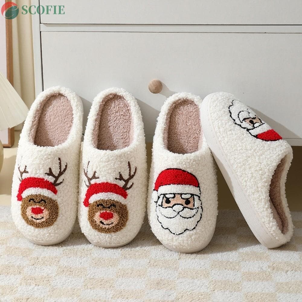SCOFIE Chinelos De Pelúcia De Desenho Animado De Natal , Fofos De Inverno De Alce Animal X-mas Papai Noel , Envoltório D
