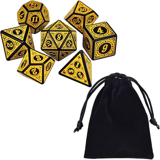 Kit 7 Dados RPG Amarelo D&D Runas D4 D6 D8 D10 D10% D12 D20 Acessório Jogos Mesa