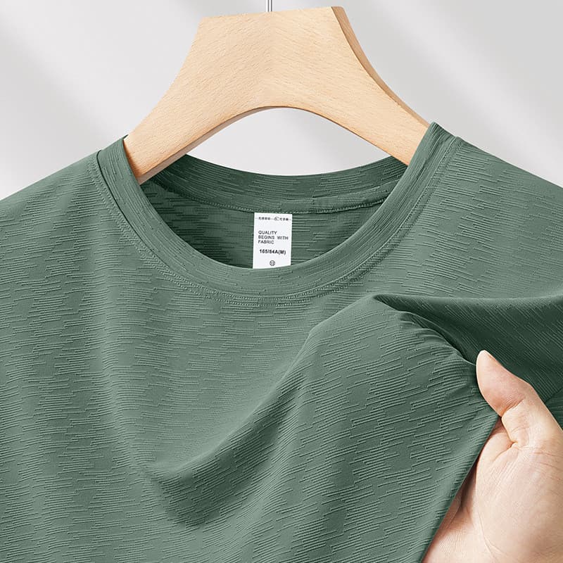 Camiseta masculina de manga curta Jacquard de bambu com sentido fresco de seda gelada 2025 verão novo estilo de secagem