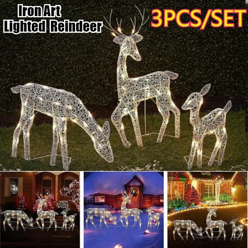 2026 Novo 3 Pçs/Set Arte Em Ferro Iluminada Rena De Natal Ao Ar Livre Ornamento De Alce Com Luz LED Brilhante Glitter Pa