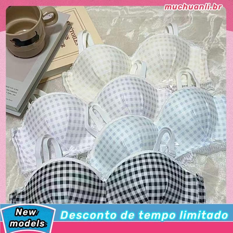 Japonês verificado Bowknot roupa interior feminina alças de ombro sem fio renda destacável mais magro olhar sutiã