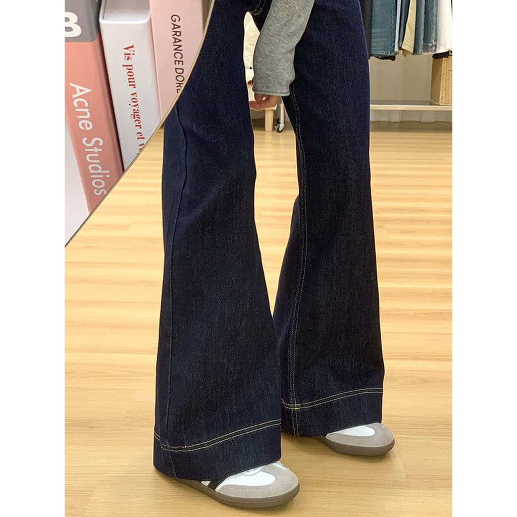 Azul escuro queimado Jeans feminino outono 2026 novo estilo pequeno cintura alta mais magro olhar estreito perna larga c