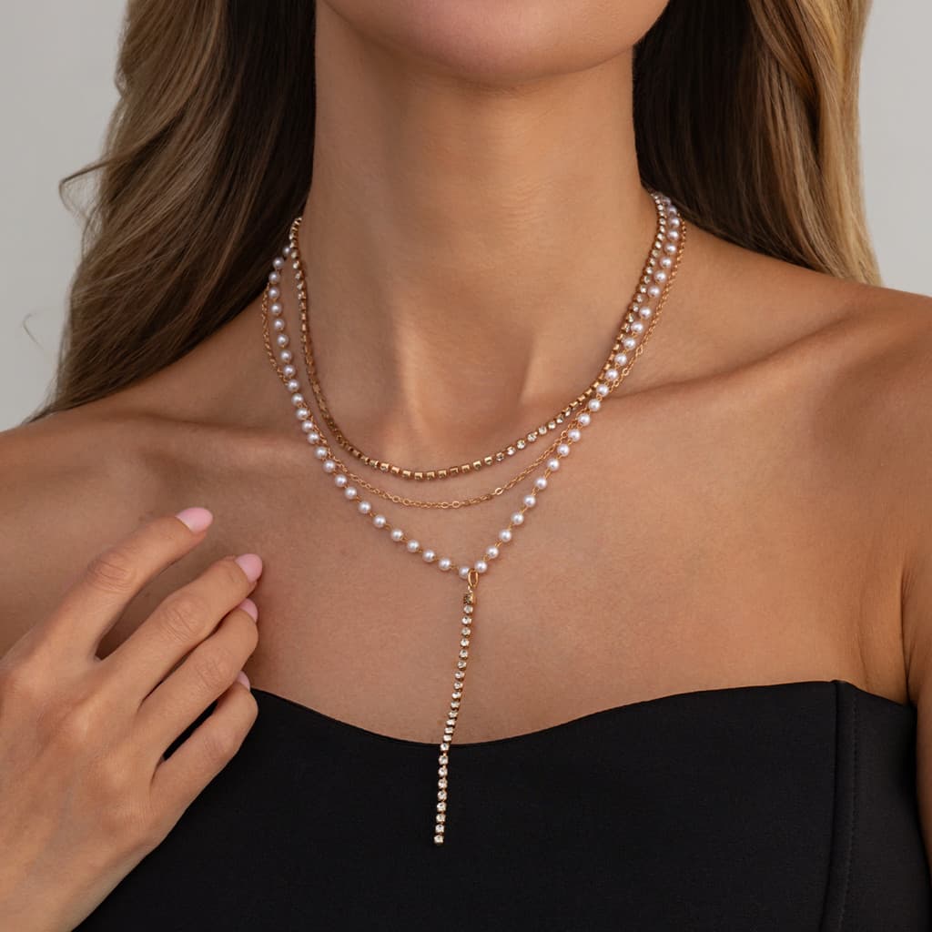 Joias Europeias E Americanas Luz Luxo Temperamento flash Diamante Em Forma De Y Colar De Pérolas Multicamadas design De