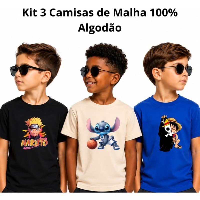 Kit 3 Camisas Infantil Juvenil de Malha 100% algodão com Personagens