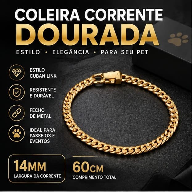 Coleira Corrente Dourada para Cachorro Cuban Link 60cm x 14mm com Fecho Metálico