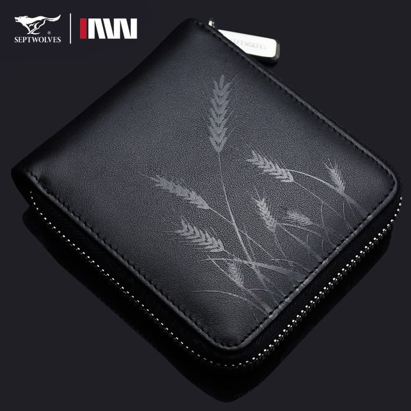 Sete lobos carteira masculina de couro genuíno novo estilo curto Slot para vários cartões primeira camada de couro com z