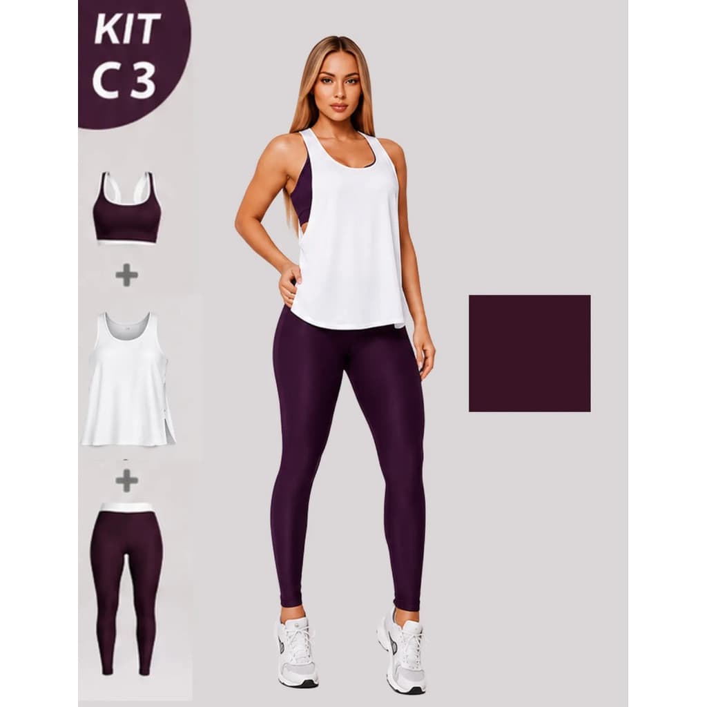 Kit 3 peças Legging e Top Fitness Suplex Brilhoso + Regata Dry Feminino AFD