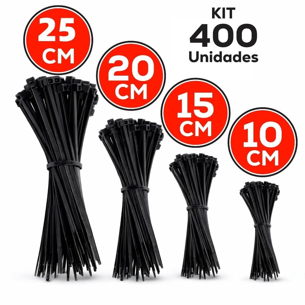 Kit 400 Abraçadeira de Nylon Enforca Gato Braçadeira Cintas Plásticas 10cm - 15cm - 20cm - 25cm - Preta | Branca