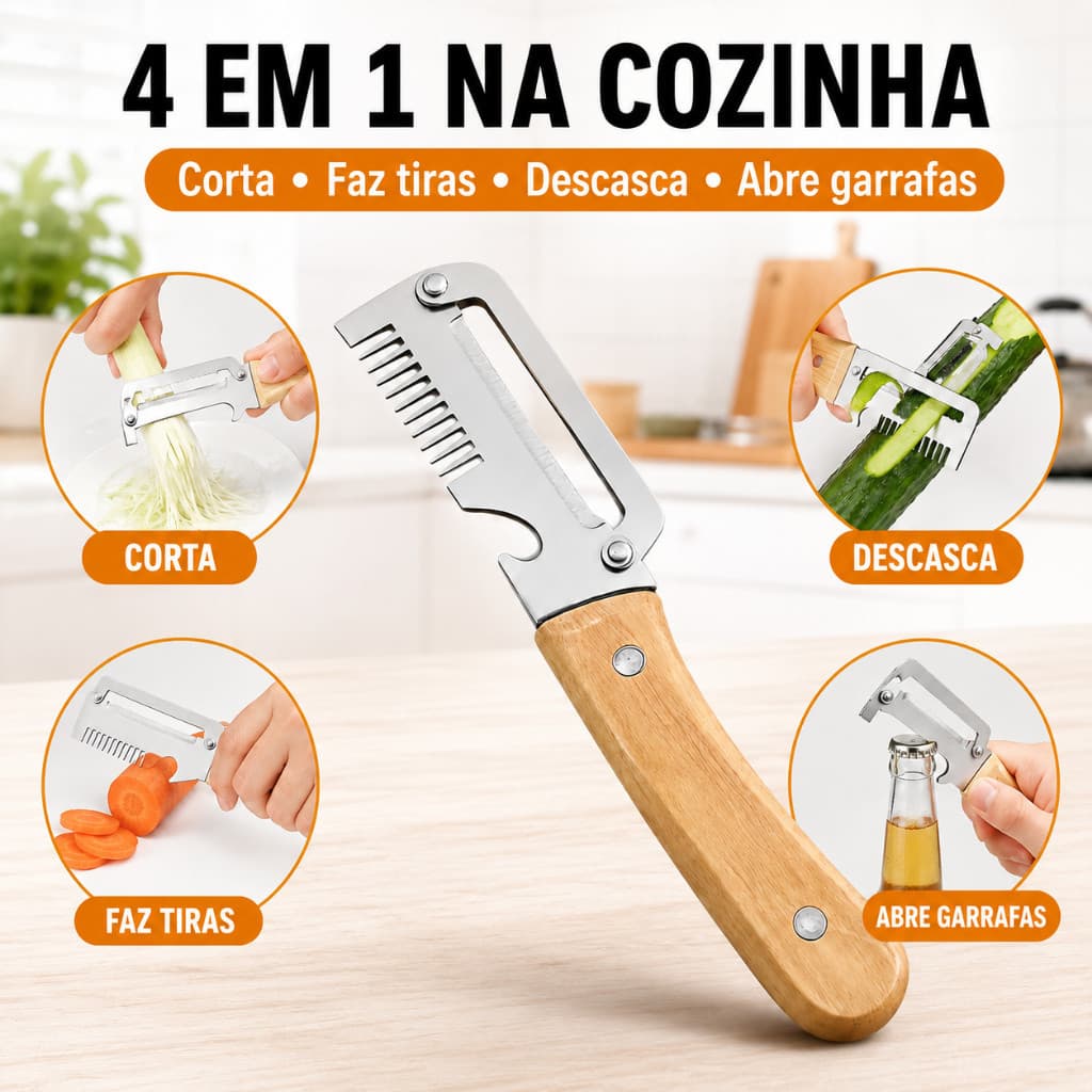 Descascador De Legumes 4 em 1 Cortador Julienne Aço Inox 304 Cabo Madeira Abridor de Garrafas