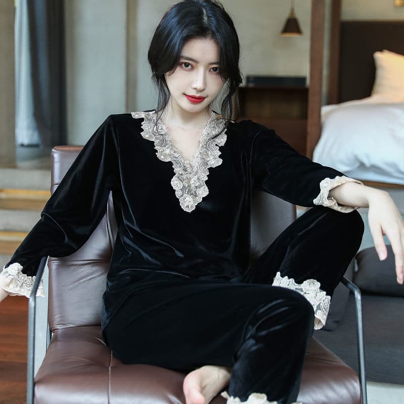 Pijamas femininos primavera outono estilo manga comprida outono inverno ouro veludo versão coreana pode usar fora de cas