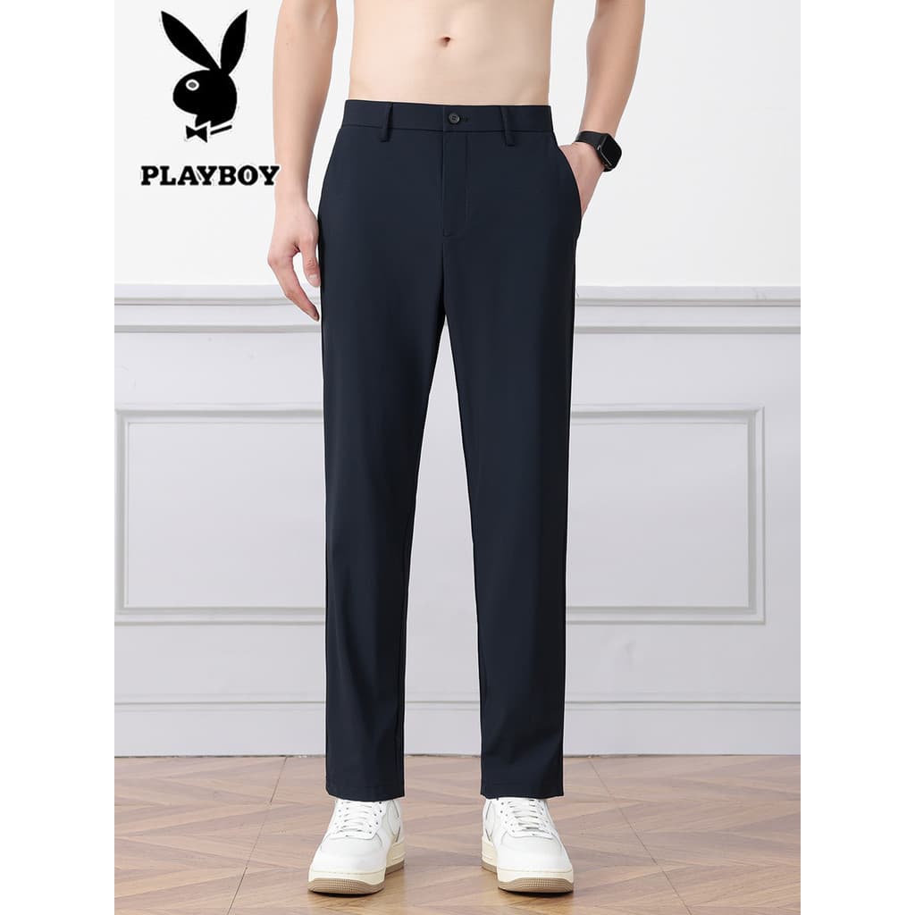 Playboy calças de seda gelo masculinas verão fino ajuste calças de perna reta alta elástica respirável negócios calças c