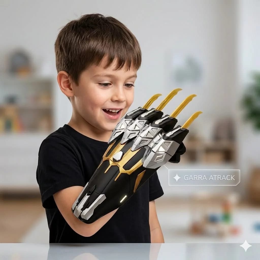 Luva Pantera Negra Infantil Garra Retrátil 33cm – Brinquedo com Luz e Som LED para Meninos