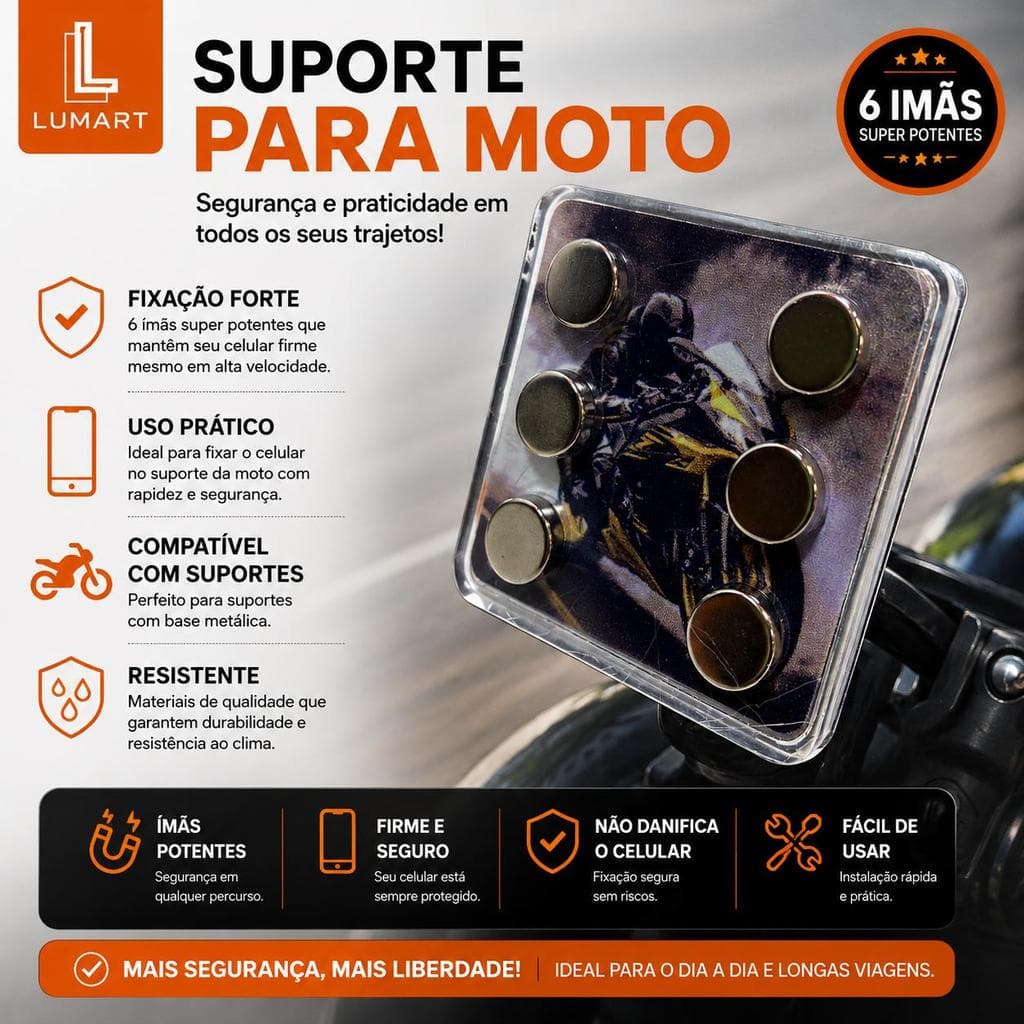 Suporte de Celular para Moto com 9 Ímãs Super Fortes – Fixação Magnética