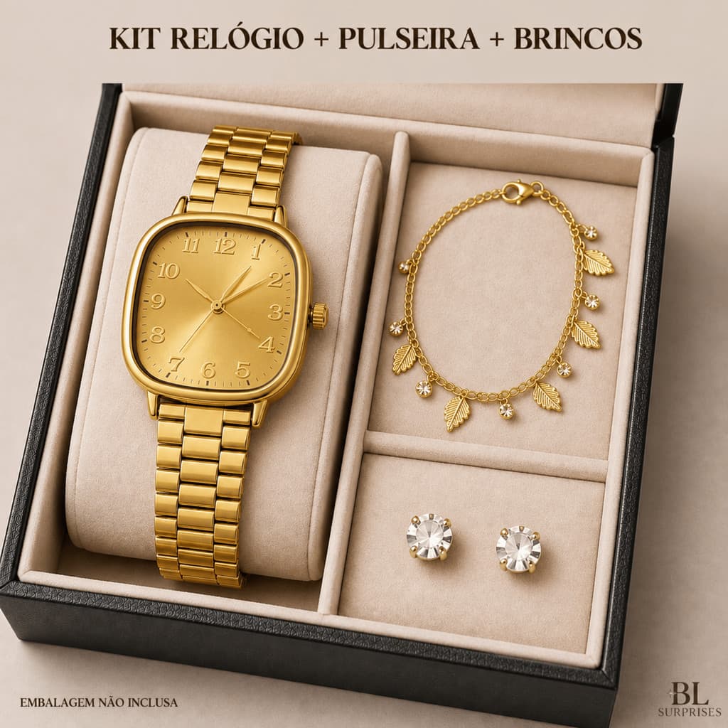 Kit Relógio Quartz Feminino Analógico + Pulseira e Brincos 3 Peças Dourado Prata Rosé Preto.