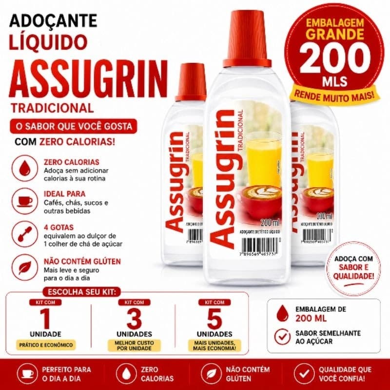 Adoçante Líquido Assugrin Tradicional 200ml Zero Calorias Kit 1, 3 ou 5 Unidades