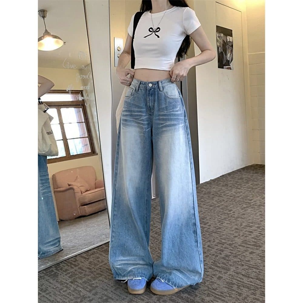 Retro angustiado lavado calças casuais calças de perna larga Jeans feminino outono cintura alta solto calças de chão cal