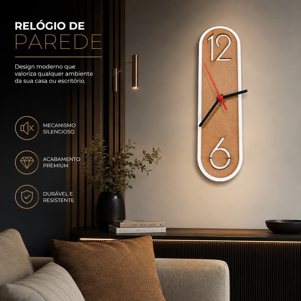 Relógio de Parede Moderno Premium Decorativo MDF Silencioso Design Elegante Sala Quarto Escritório