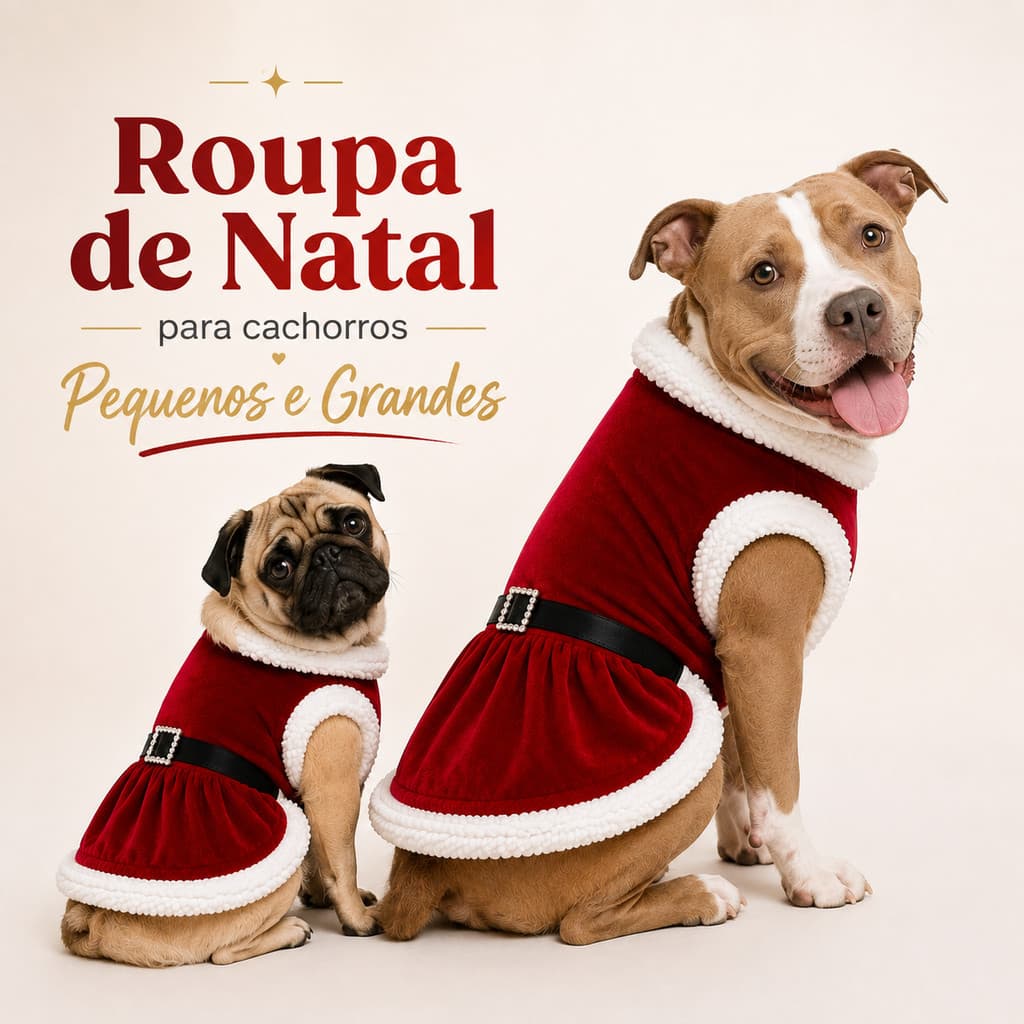 Roupa de Natal para Cachorro Fêmea Vestido Mamãe Noel com Pelúcia Pet Cães Pequeno e Grande