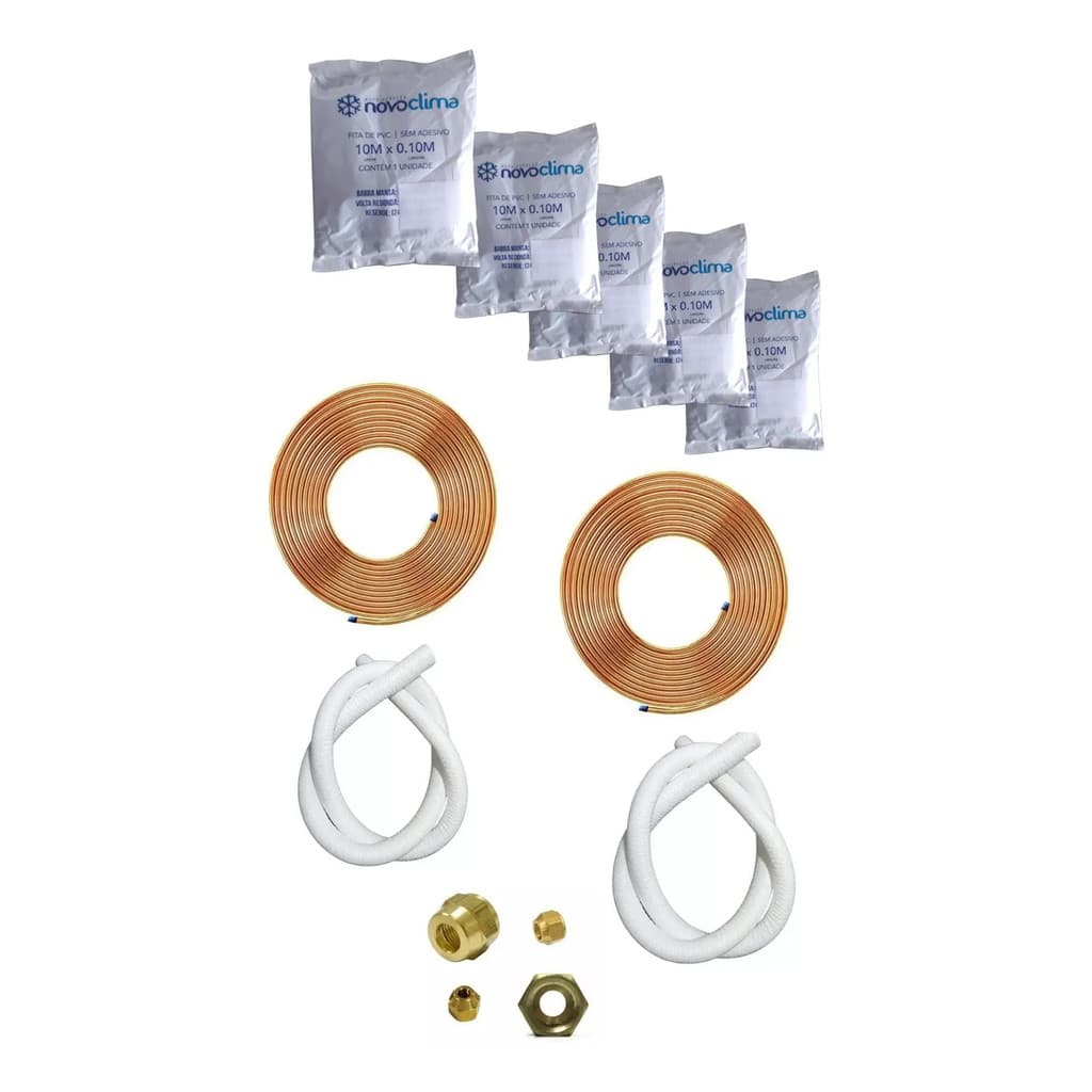 Kit Tubo Cobre 1/4 e 3/8 15 Metros Eluma ou Termomecânica + Isolantes e Porcas e Fitas PVC Ar Condicionado Split